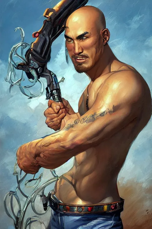 Image similar to beautiful gorgeous bald kazakh guy with a short beard, painted by tom lovell, alex malveda, greg staples