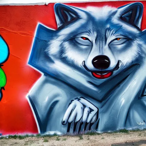 Image similar to photo of a graffiti mural of a blue anthropomorphic wolf wearing a red neckerchief, graffiti, mural, street art, anthro wolf, furry art, furaffinity, 4 k