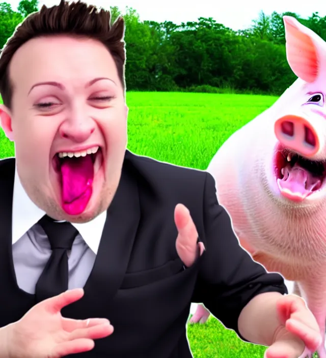 Prompt: clickbait youtube thumbnail of a man reacting to funny dancing pigs