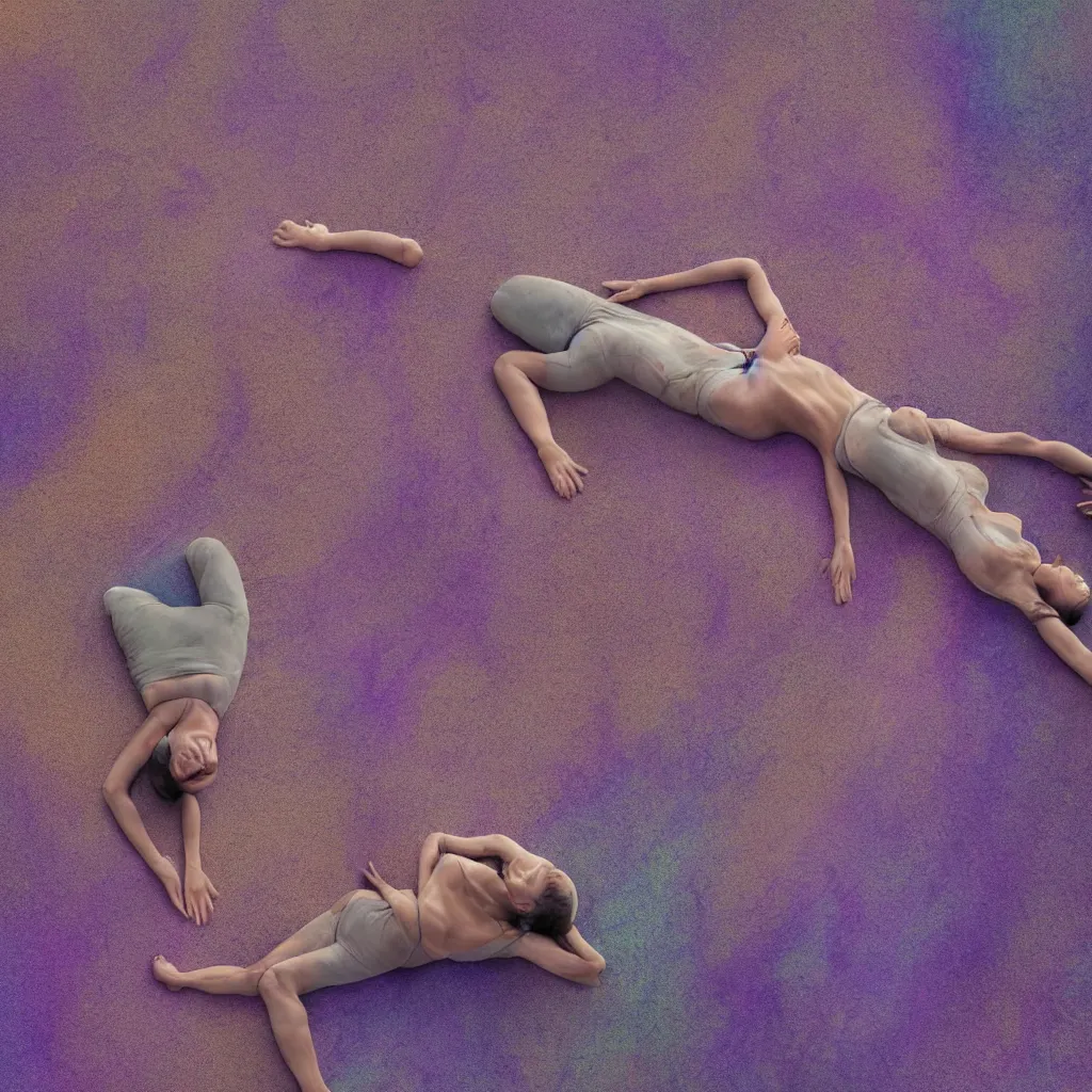 Image similar to overhead view of iridiscent oil spill in desert sand tempest with women corpses connected by cables and computers to wax forms to a buried baby relaxing on yoga mat, faded, purple gradient, dust, purple fog, depth of field, by edward burtynsky, hans bellmer and nadav kander, 8 k, sad atmosphere, cinematic