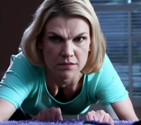 Image similar to muscular Kim Wexler doing push-ups, movie still, realistic, close up, shot by Vince Gilligan, photorealistic