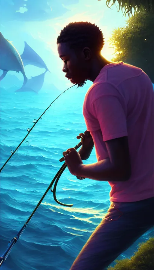 Image similar to highly detailed portrait of a young modern jamaican man fishing with a magical glowing fishing rod weapon, ocean background, unreal engine, fantasy art by greg rutkowski, loish, rhads, makoto shinkai and lois van baarle, ilya kuvshinov, rossdraws, tom bagshaw, global illumination, radiant light, detailed and intricate environment