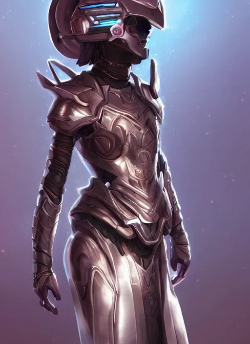 Image similar to of a full body, center frame hyper realistic digital arthero pose of a timepunk war cleric in a futuristic pearl armor, antenna tech helmet, dark gloomy environment. trending on artstation, art by lois van baarle by sung choi by john kirby artgerm style pascal blanche