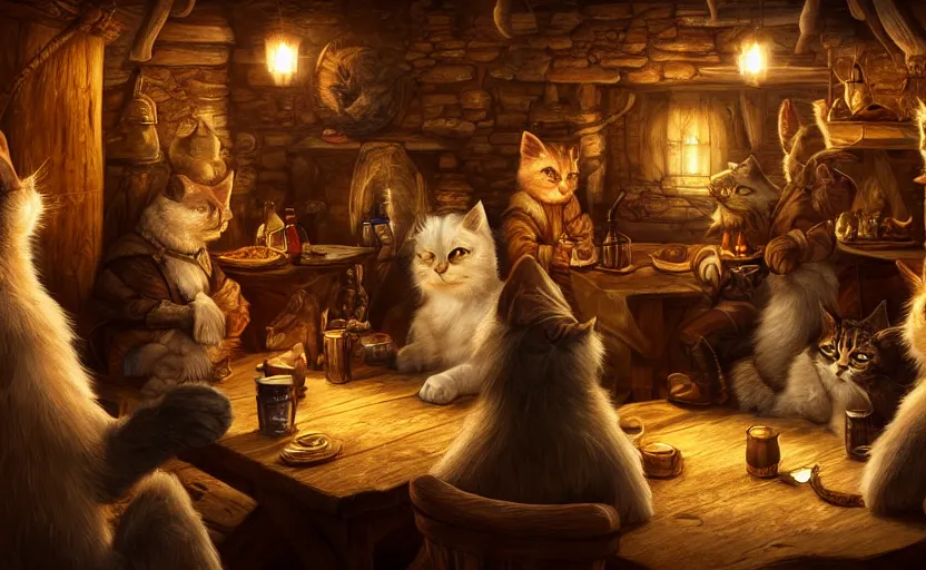 Prompt: mindblowing cat folk talking inside a tavern, fantasy art, cozy, dnd, digital art, 4 k, sharp, uhd