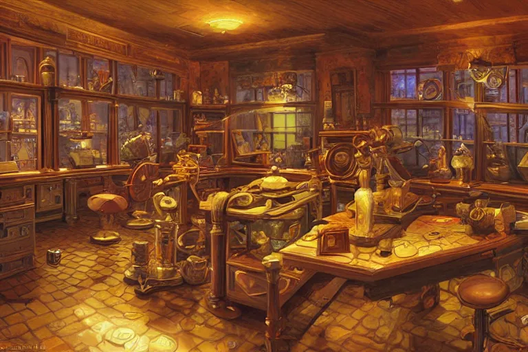 Prompt: an overstuffed fantasy laboratory interior with small windows and display cases with strange artifacts in the late evening with dusty atmosphere, digital painting 3D by Greg Hildebrandt