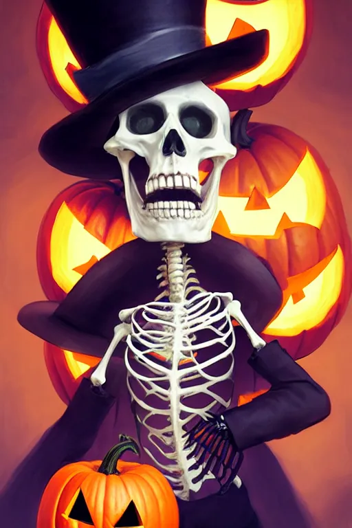 Image similar to portrait of a skeleton with a top hat holding a jack - o - lantern, halloween night, charlie bowater, artgerm, ilya kuvshinov, krenz cushart, ruan jia, realism, ultra detailed, 8 k resolution