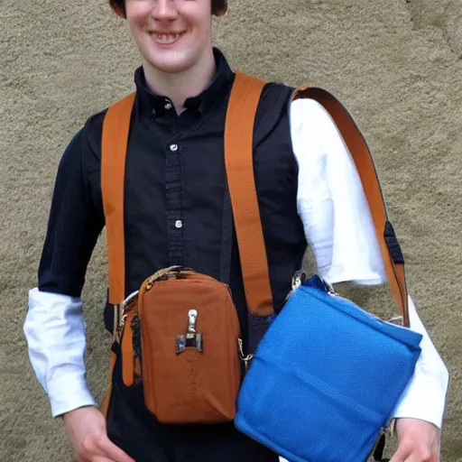 Image similar to british lad with short curly dark brown hair as a hobbit wearing a white men's crossbody sling chest bag and blue vest