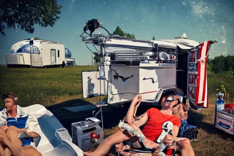 Image similar to redneck astronaut summer grillparty in trailer park, detailed, cinematic photo