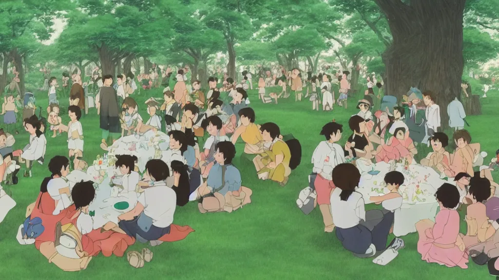 Prompt: a birthday party in a park in new york, studio ghibli