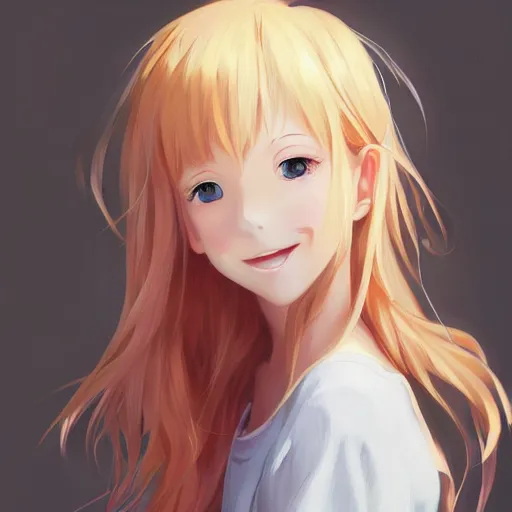 Image similar to An anime portrait of a beautiful happy girl with straight strawberry-blonde hair, brown eyes, wearing a shirt, closed mouth, child, by Stanley Artgerm Lau, WLOP, Rossdraws, James Jean, Andrei Riabovitchev, Marc Simonetti, and Sakimi chan, trending on artstation