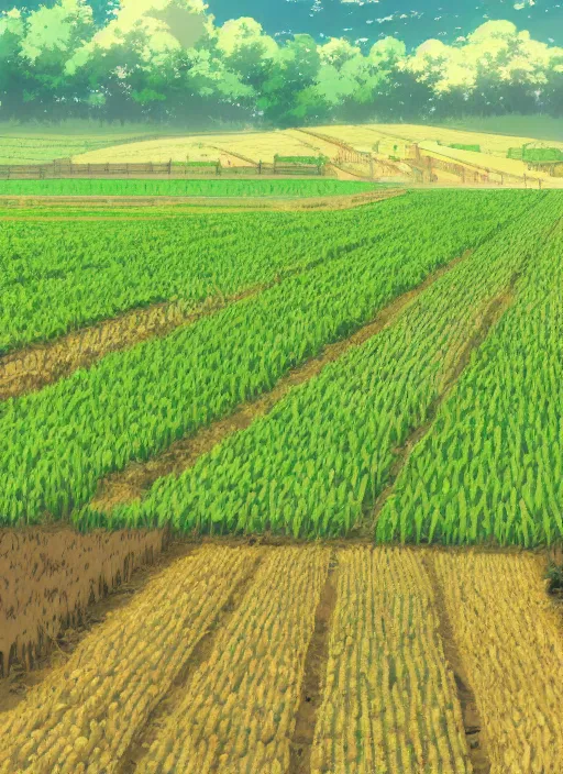 Image similar to beautiful farm with crops in neat rows by makoto shinkai