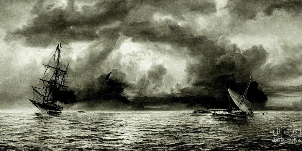 Image similar to a boat sailing in a thunderstorm where the clouds look like skulls, 1 9 0 0 s photograph