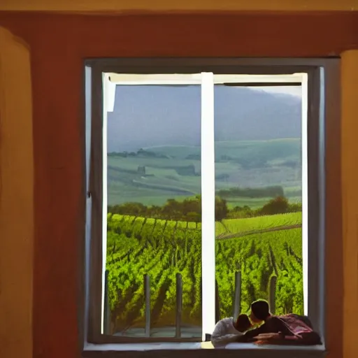 Prompt: a couple kissing, behind them is a window that shows a hilly landscape with vineyards, natural light, dreamy, 7 0 mm, hopper