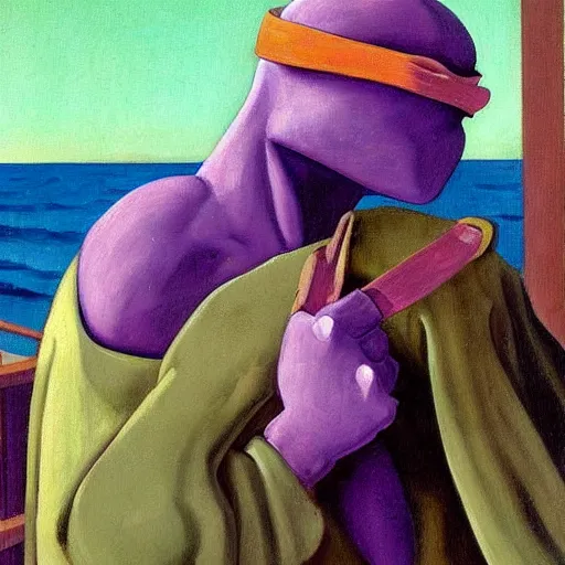 Image similar to donatello from the teenage mutant ninja turtles in a painting by edward hopper, friendly