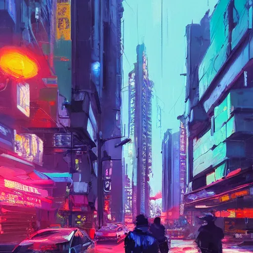 Prompt: acrylic painting, impressionism and expressionism, strong emotional impact, bold pastel colors, expressive brushstrokes, overall sense of movement in the composition. an art deco cyberpunk streetscape lined with beautiful flowers, by liam wong and tyler edlin, trending on artstation