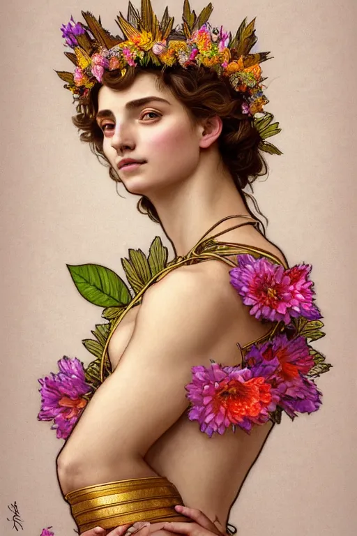 Prompt: body portrait of beautiful roman godess wearing a robe of flowers, wearing a crown of leaves, full body portrait of a young beautiful woman low angle by terry o'neill intricate, elegant, highly detailed, digital painting, artstation, concept art, smooth, sharp focus, illustration, art by artgerm and greg rutkowski and alphonse mucha, 8 k