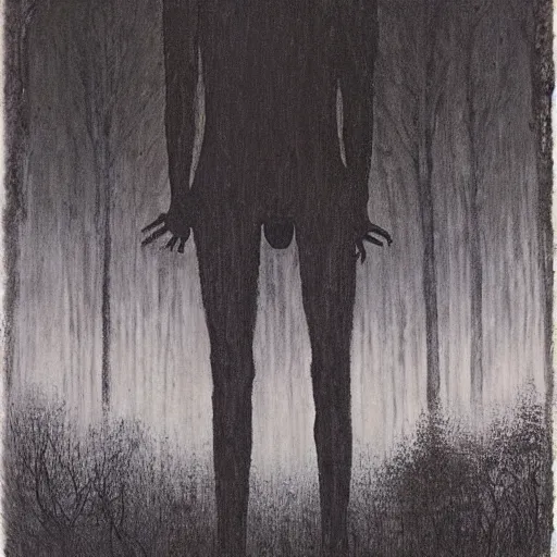 Image similar to “ tall figure in the woods, beksinski, dark ”