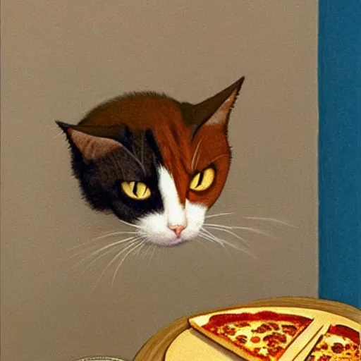 Prompt: calico cat eating pizza by Quint Buchholz
