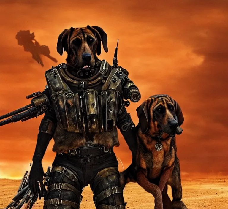 Image similar to a good ol'bloodhound dog fursona ( from the furry fandom ), heavily armed and armored facing down armageddon in a dark and gritty version from the makers of mad max : fury road. witness me.