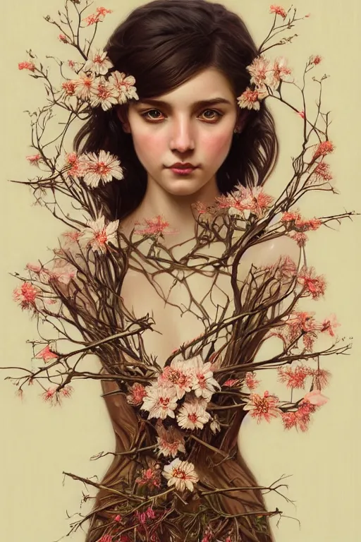 Image similar to symmetry!! full body portrait!!!! of a beautiful!!!! girl, pretty face, decorated with twigs and flowers, intricate, elegant, highly detailed, digital painting, artstation, concept art, smooth, sharp focus, illustration, art by artgerm and greg rutkowski and alphonse mucha, 8 k