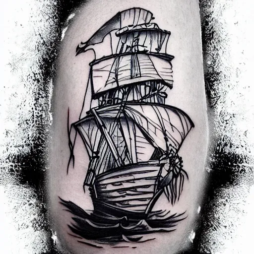 Image similar to A magical pirate ship tattoo realistic tattoo sketch on white background, hyper realistic shaded tattoo, award winning tattoo