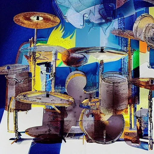 Prompt: cool by sarah sze, by don bluth atmospheric. the assemblage is a gestural abstraction of a drummer in the midst of an improvised solo. a sense of rhythm & movement in the work.