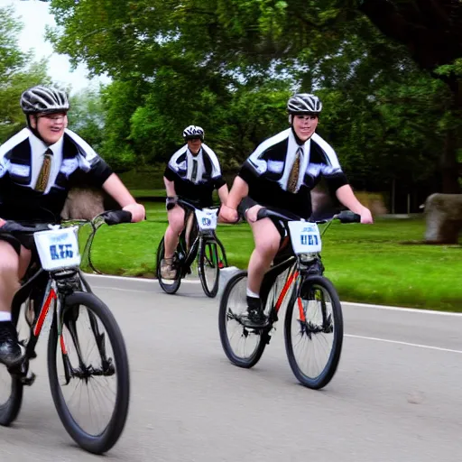 Prompt: sports photo of mormon missionaries riding bikes