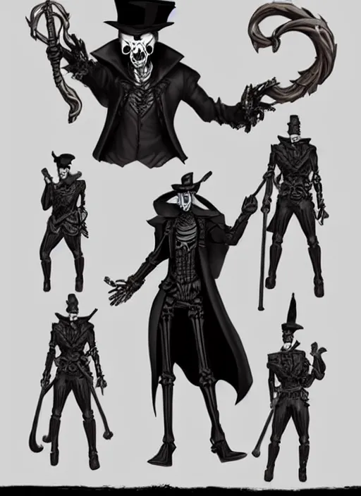 Image similar to DND character art, skeletal male figure, wearing a deep black suit!!! and tie and top hat, holding a gold! cane!, blue flames!!