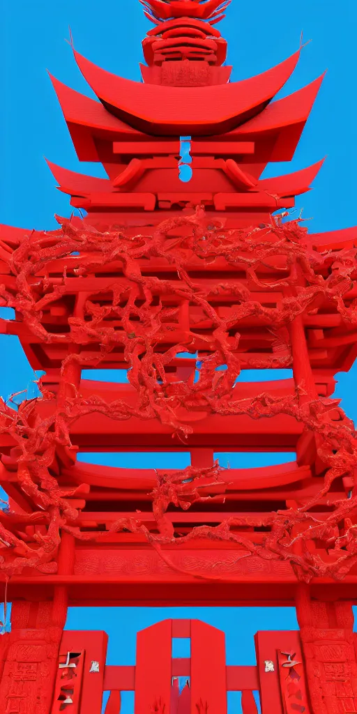 Image similar to 3 d render of a carved red torii gate sculpture, chrometype, made of liquid metal, neotribal with thorns and thunders, japanese temple, raytraced, volumetric lightning, 8 k, by zhelong xu, ouchh and and innate studio