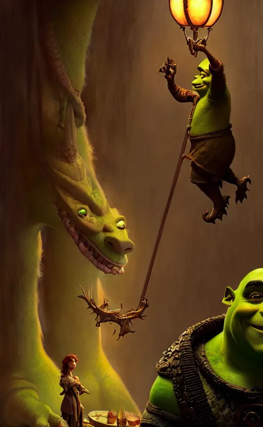 Prompt: shrek dragon gorgeous lighting by weta studio, mucha, bautista and norman rockwell and greg rutkowski and tom bagshaw and james gurney and lucasfilm
