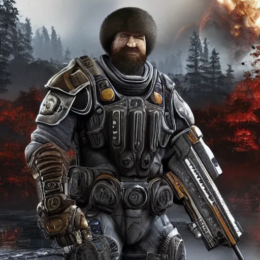 Image similar to Bob Ross in Gears of War, gloomy unreal engine 5 render