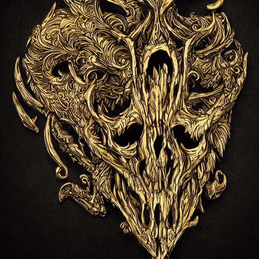 Prompt: photo of wolf skull on bones, dramatic lighting, circural, golden ornaments, symmetric, intricate skeletal decorations, symmetry, highly detailed, concept art, black, glimpse of red, white, gold layers, centered, style of nekroxiii, hyperrealistic, black background, smoke