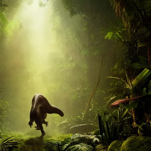 Prompt: tyrannosaurus rex walking through a jungle, atmosperic, dramatic lighting, trending on artstation, a still from pixar movie