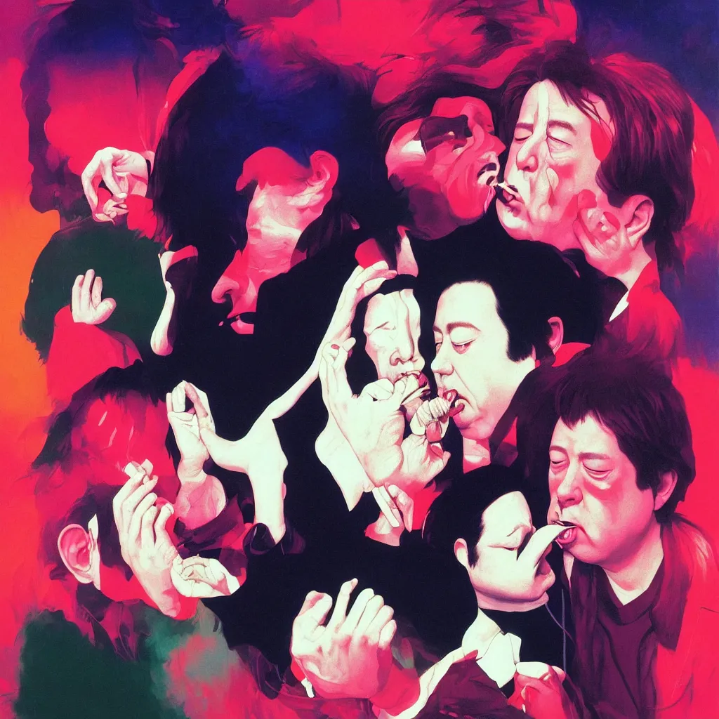 Prompt: weird and disturbing portrait of bill hicks kissing todd solondz, tongue, vivid colors, neon, art by ( ( ( kuvshinov ilya ) ) ) and wayne barlowe and francis bacon and artgerm and wlop and william - adolphe bouguereau