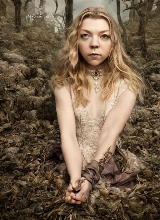 Image similar to natalie dormer wearing fox tail, depth of field, zeiss lens, detailed, symmetrical, centered, fashion photoshoot, by nicoletta ceccoli, mark ryden, lostfish, earl nore, hyung tae, frank frazetta, breathtaking, 8 k resolution, extremely detailed, beautiful, establishing shot, artistic, hyperrealistic, octane render, seductive lighting,