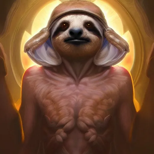 Prompt: godlike sloth, animal sloth, anthropomorphic sloth, deity, holy robes, holy light aura, ultra details, art by artgerm, dwayne barlowe, trending on artstation and greg rutkowski and alphonse mucha, 8 k