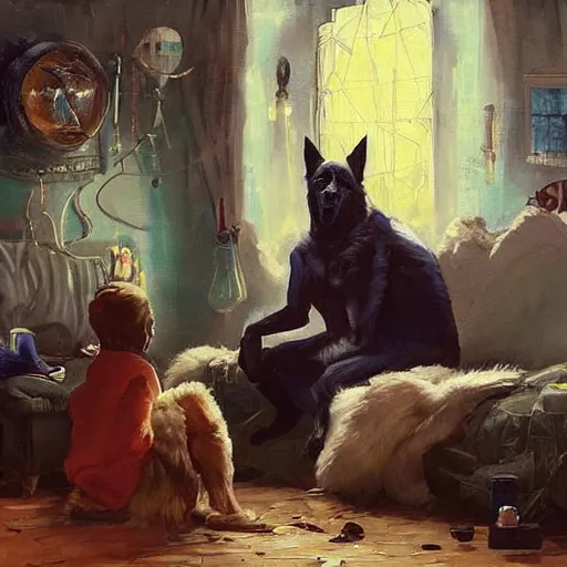 Image similar to a humanoid german shepherd beast - man, sitting and watching a soccer match in his house on television, he has hurt his knee and is a dad, by erin hanson, alexi zaitsev, karl spitzweg, award winning, tv set