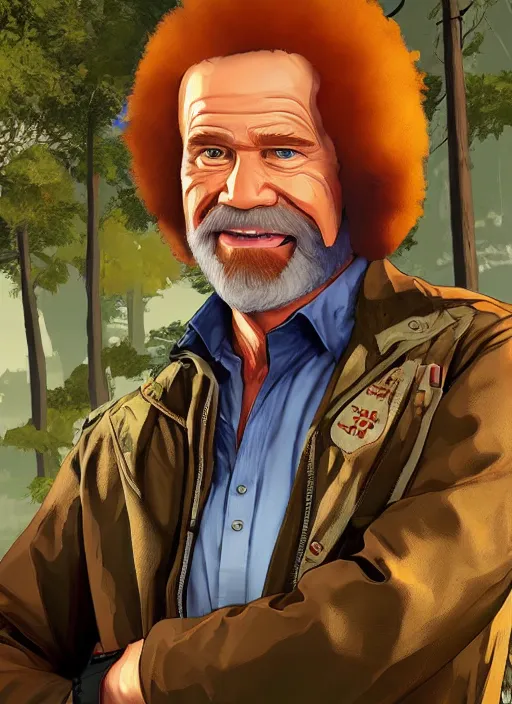 Image similar to bob ross in gta v, cover art by stephen bliss, artstation