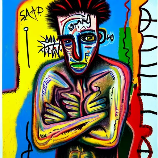 Image similar to colorful odd colors detailed neo expressionism chaotic oil painting of sad boy business man depressed with tattoos by basquiat