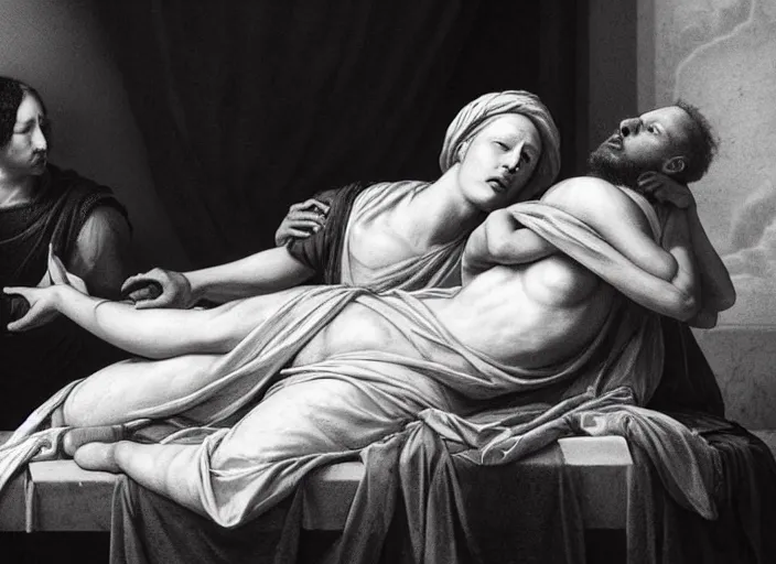 Prompt: this sorrowful picture illustrates the poignant death of lucretia which led to a revolt that overthrew the monarchy and established the republic of rome. hyperrealism, intricate details, trending on artsation