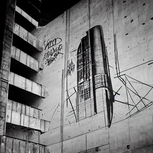 Prompt: a brutalism dark photo of an airship full of graffiti