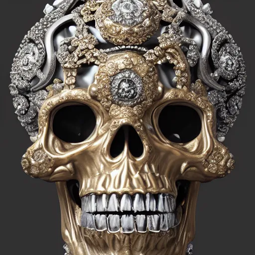 Image similar to a portrait of a beautiful ornate and intricate rococo skull with diamonds in the eyesockets, with silver and gold details and diamonds inside a rococo frame, 4k, octane render, vray, unreal engine, photorealistic