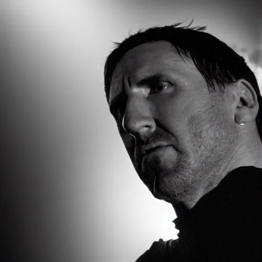 Prompt: Photo of Trent Reznor with an extremely long nose. Concert flash photography. Black and white photo.