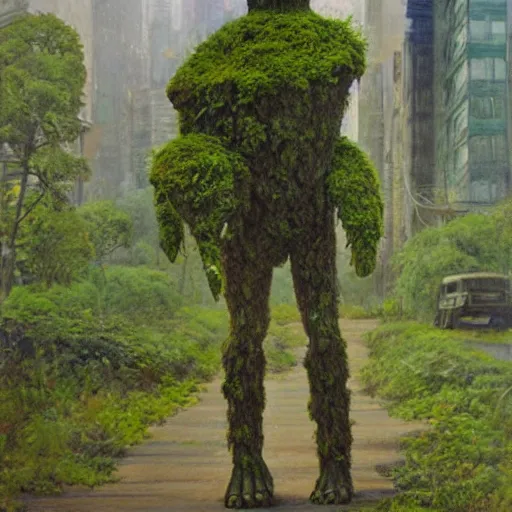 Prompt: a lost and bewildered mossy earth golem holding a sapling standing in a busy industrial street | painting by james gurney