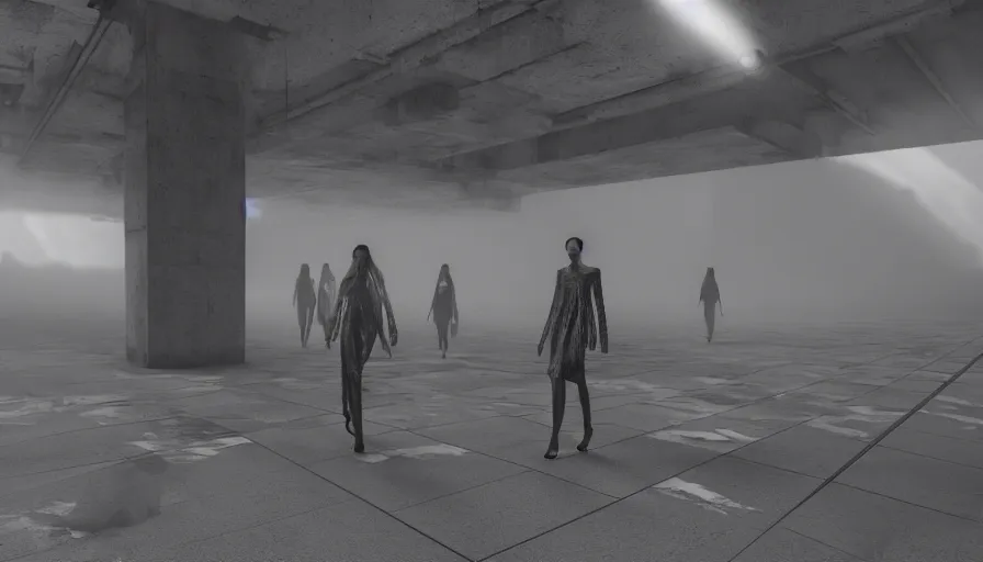 Prompt: Fashion Catwalk!! on a brutalist platform in an Angelic Floating City in the Clouds, Hyperrealistic, Intricate Details, Raytracing, Volumetric Lighting, Lightshafts, Smooth Gradients, Unreal Engine 5, Photorealism, Concept Art