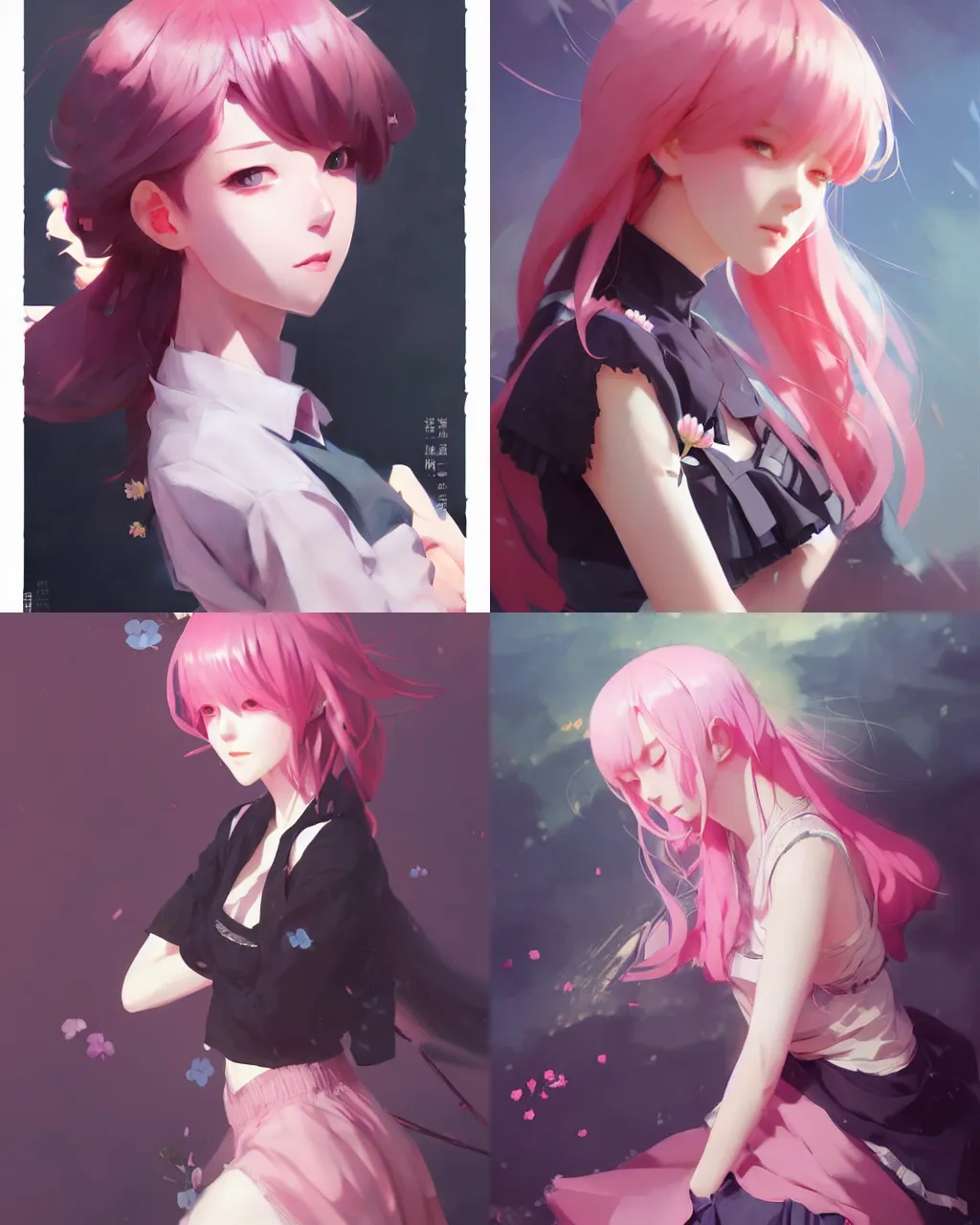 Prompt: a girl with pink hair and black skirt, flower decoration on the background, a beautiful half body illustration, top lighting, perfect shadow, soft painting, art by hidari and krenz cushart and wenjun lin