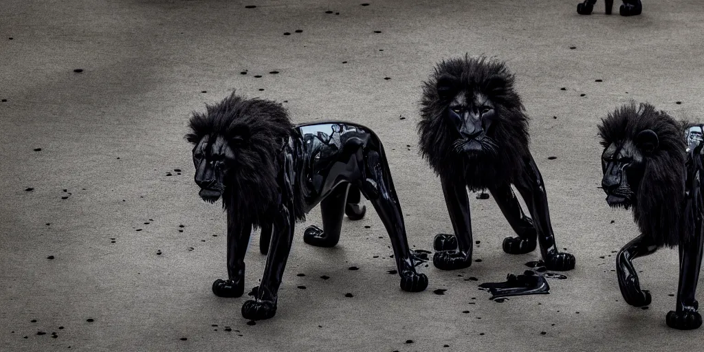 Prompt: the pack of smooth black lions, made of smooth black goo, in the zoo exhibit, viscous, sticky, full of black goo, covered with black goo, splattered black goo, dripping black goo, dripping goo, splattered goo, sticky black goo. photography, dslr, reflections, black goo, zoo, exhibit