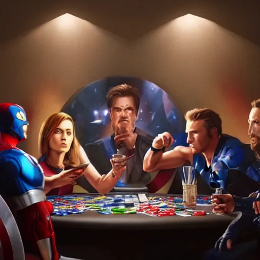 Image similar to hyperrealist portrait of the avengers playing poker, photo realistic, dynamic lighting, artstation, poster, volumetric lighting, very detailed faces, 4 k, award winning