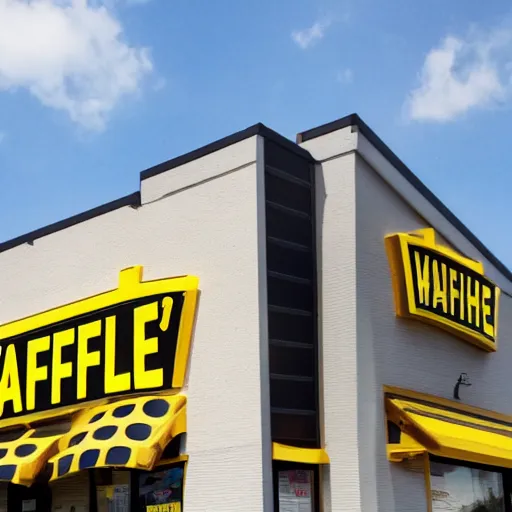 Prompt: wafflehouse employee's standing below wafflehouse sign, employees uniform is black and blue with yellow name tags