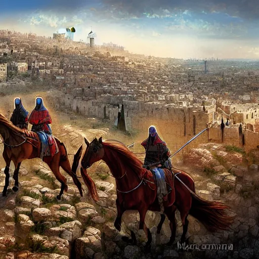 Image similar to Crusaders on horses standing on a ridge overlooking the city of Jerusalem by Marc Simonetti